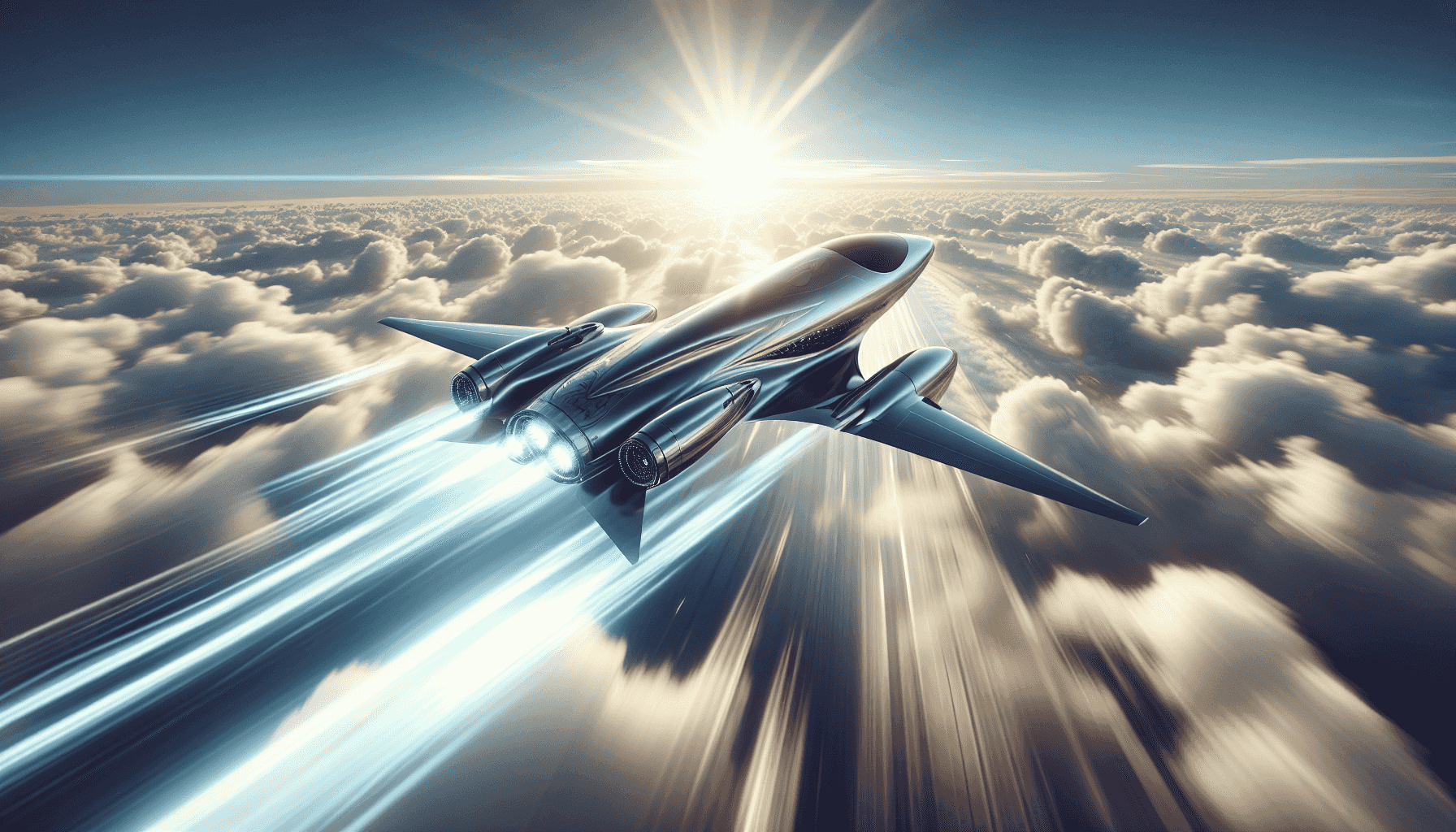 Avión futurista compitiendo entre las nubes
