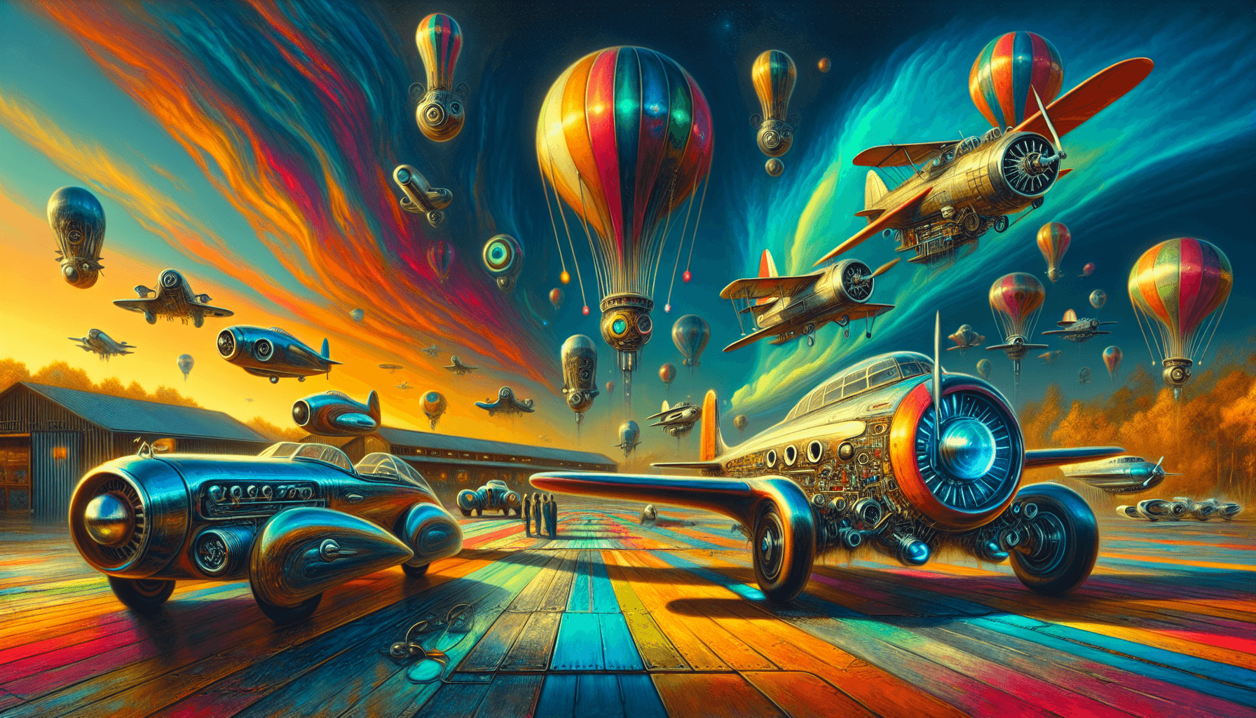 Escena de aviación retro con elementos de ciencia ficción